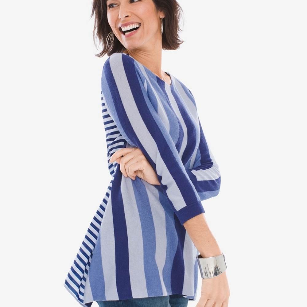 Chicos XL Size 3 3/4 sleeve blue multi stripe pullover sweater New with tags